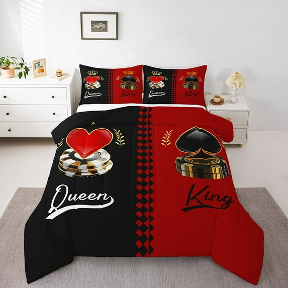 Valentine'S Day Couple Bedding Set King,King And Queen Crown Comforter Set For Adults Women Men,Black Red Gold His Hers Down Comforter Lover Romantic Bed Set For Husband Wife