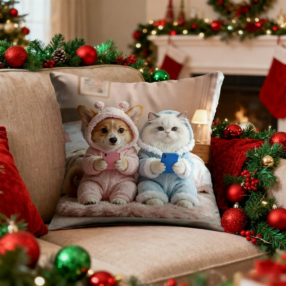 Valentine'S Day Decoration-Valentine'S Day Throw Pillows With A Pair Of Cute Cats/Dogs,Colorful Valentine'S Day Throw Pillow Cover,18 X 18 Inch Anniversary Wedding Cushion Case Decor For Sofa Couch