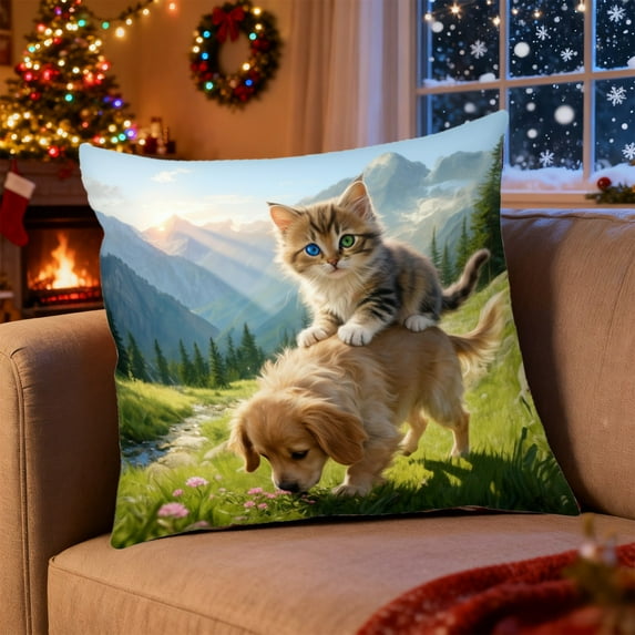 Valentine'S Day Decoration-Valentine'S Day Throw Pillows With A Pair Of Cute Cats/Dogs,Colorful Valentine'S Day Throw Pillow Cover,18 X 18 Inch Anniversary Wedding Cushion Case Decor For Sofa Couch
