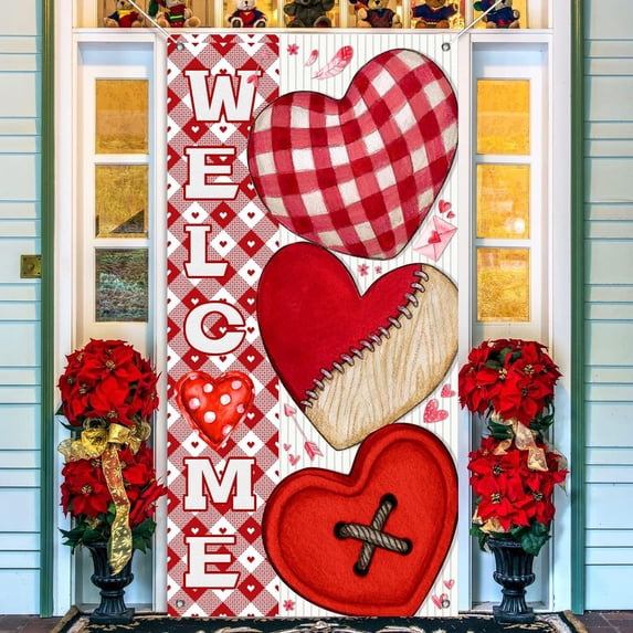 Valentine'S Day Door Cover Decoration, Pink Red Love Grid Gift Theme Valentines Day Door Cover Decoration, Valentine Day Background Banner, Front Porch, Valentine'S Day Party Decorations, 36X70IN