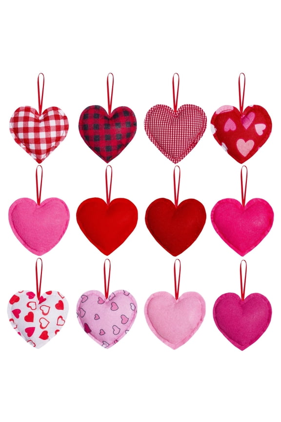 Valentine'S Day Gift 12Pcs Valentine’S Day Fabric Heart Ornaments 3.94Inch Buffalo Plaid Heart Shape Hanging Decoration Set Soft Stuffed Baubles Pendant for Wedding Diy Crafts
