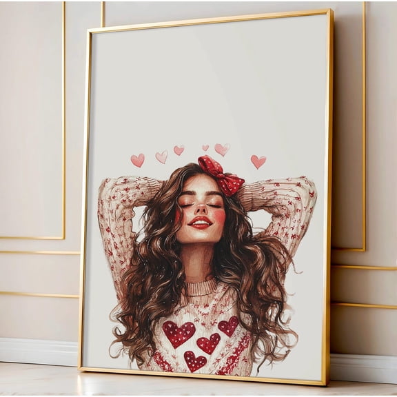 Valentine'S Day Girl Portrait Print, Red Hearts, Preppy Wall Decor Home Decor #2687, Unframed Canvas Size 24x36