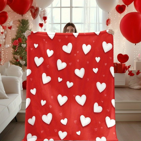 Valentine'S Day Glam Style Flannel Blanket 200 250gsm All Seasons Digital Print with White Heart Shaped Pattern on Red Background Multipurpose for Napping Camping Travel Office & Home Use