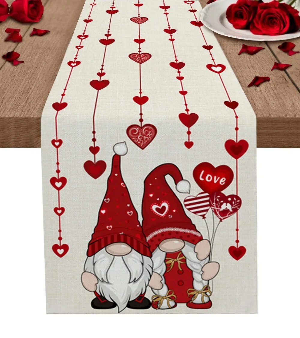 Valentine'S Day Gnome Love Roses Table Runner Wedding Dining Decoration ...