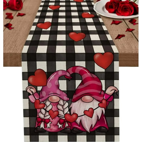 Valentine'S Day Gnome Love Roses Table Runner Wedding Dining Decoration Holiday Tablecloth