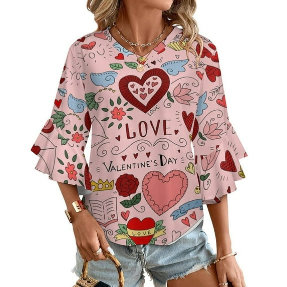 Valentine’S Day Heart Love Women's V-Neck Blouse With 3/4 Ruffled Bell Sleeves Casual Top Ladies Blouses