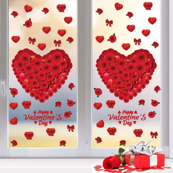 Valentine'S Day Heart-Shaped Rose Static Cling Stickers, Festive Window Decorations, Removable Glue-Free Romantic Confession Wall Stickers, 15.74*23.62 Inches.