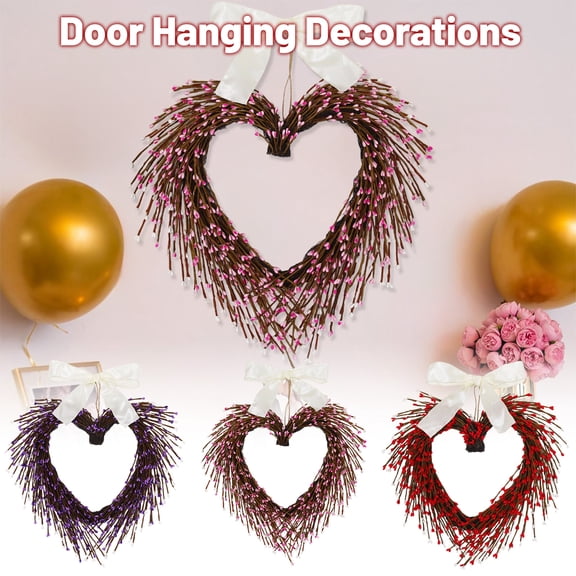Valentine'S Day Heart Wreath With Heart-Shaped Berry Rustic Twig, 18 Inches Valentine'S Day Wreath Hanging Decorations With White Bow, Suitable for Indoor & Outdoor Front Door, Porch and Wall