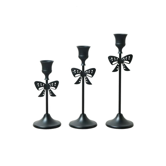 Valentine'S Day Iron Metal Candlestick Set Of 3, Romantic Table Candlelight Dinner Props with Bow, Home Table Decoration Holiday Decoration (Black)
