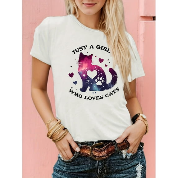 Valentine'S Day 'Light Color Love Cat' Monogram Printed T-Shirt, Short Sleeve Crew Neck Casual Tops for Summer and Spring, Women's Tee For Adult, Men, Women, Teen, Teenager, Adolescent, Youth