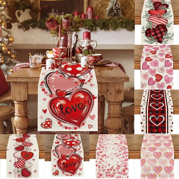 Valentine'S Day Linen Table Runner & Placemat Set, Red Heart Print Burlap Table Mat With Tassels, Romantic Farmhouse Table Decor For Wedding Anniversary Dinner & Kitchen Dining (13"X72") D