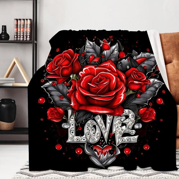 Valentine'S Day Love Rose Floral Print Flannel Throw Blanket - Soft, Comfortable, Machine Washable Polyester, All-Season, Contemporary Style with Red Roses, Perfect For Travel & Home Decor