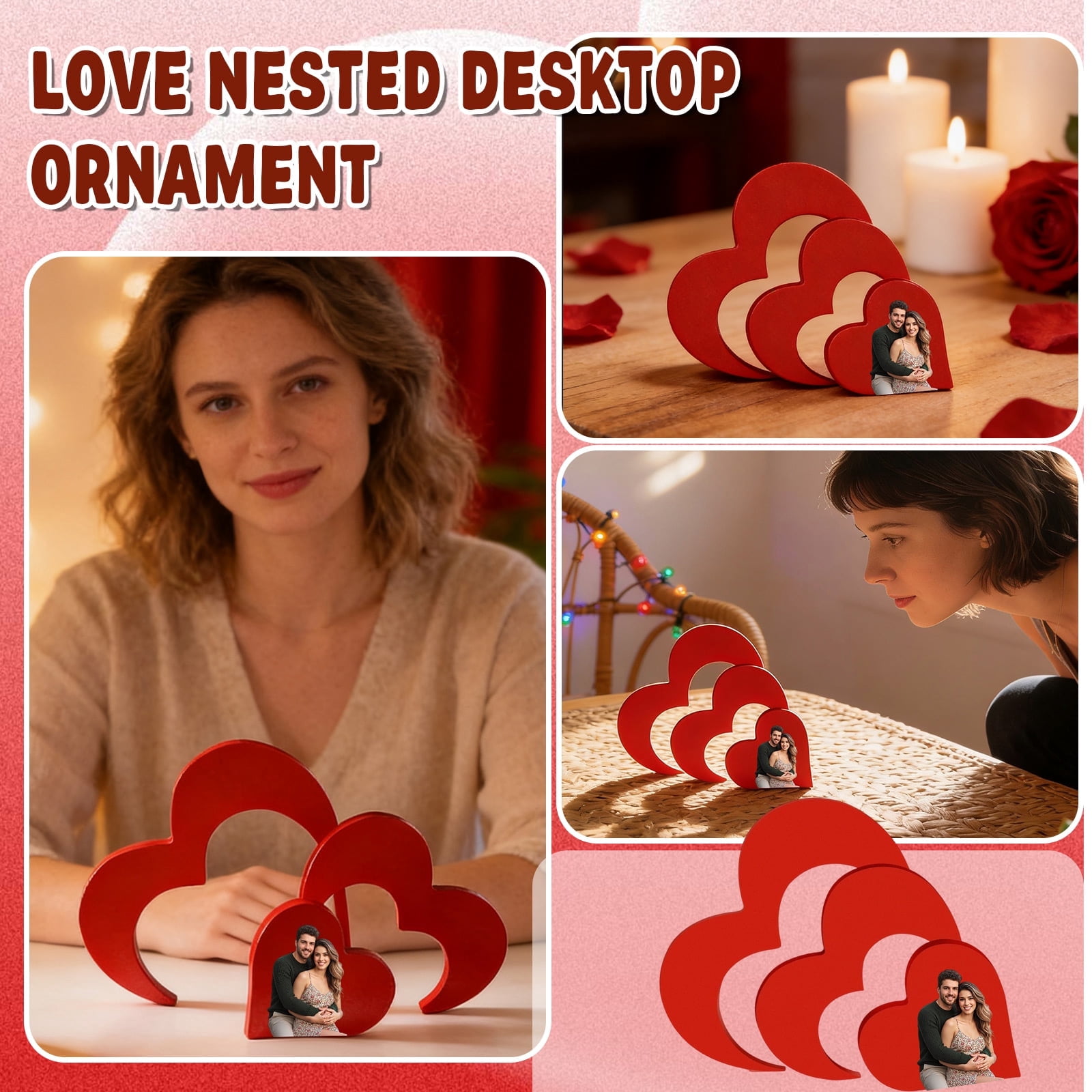 Valentine'S Day Love Wooden Handicrafts 3 Pieces Heart Table Centerpiece Shape Wood Decor Rustic Valentine Decorations For Home Tabletop