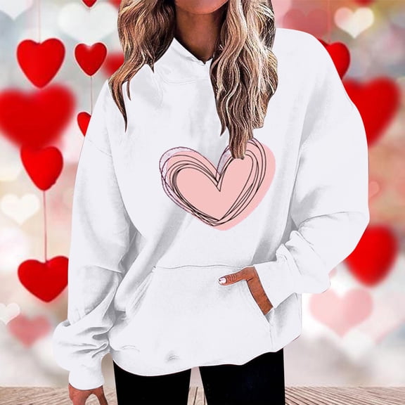 Valentine'S Day POROPL White Womens Hoodies Pullover Long Sleeve Sweatshirt with Pockets Casual Print Pullover Fall Clothing
