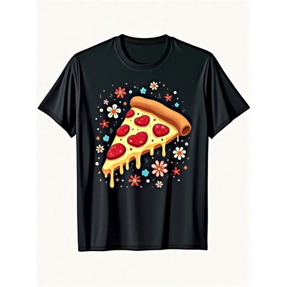 Valentine'S Day Pizza & Hearts Graphic T-Shirt for Men & Women - Funny Pizza Lovers Design with Heart-Shaped Pizza Slice & Floral Print, Black with Red & White Durable Print
