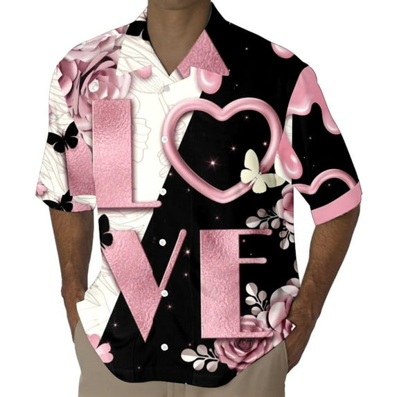 Valentine'S Day Polos Tops for Men Digital 3D Printed Button Lapel Long Sleeve Plus Size Mens Clothing,Pink,2XL