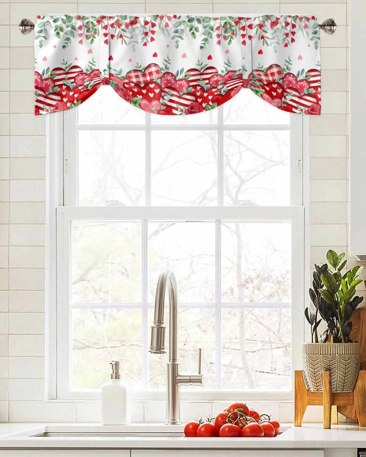 Valentine'S Day Red Heart Leaves Rose Window Curtain Living Room ...