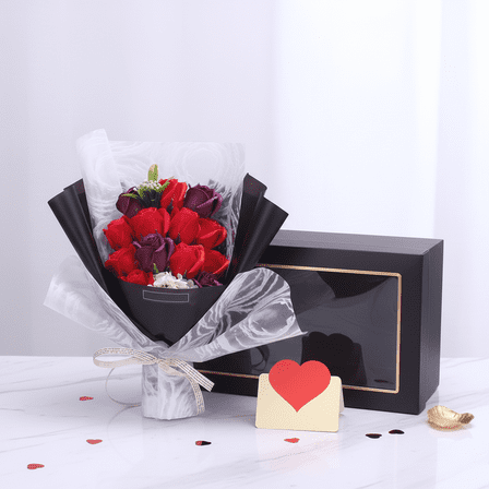 Valentine'S Day Rose Bouquet Gift Box Faux Flower Arrangement with Plush Accent for Home Decor, Red