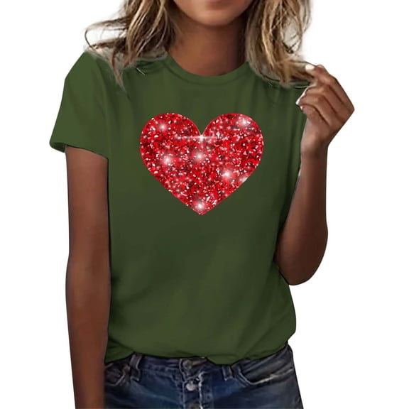 Valentine'S Day Sweatshirts for Women Fashion Short Sleeve Print Round Neck Daily Wear Womens Workout Clothing,Army Green,M