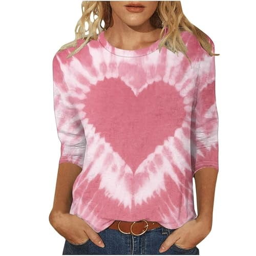 Valentine'S Day Themed Print T Shirt Tie Dye for Womens 3/4 Sleeve Crew Neck Graphic Tee Casual Top B-Light Pink XXXL