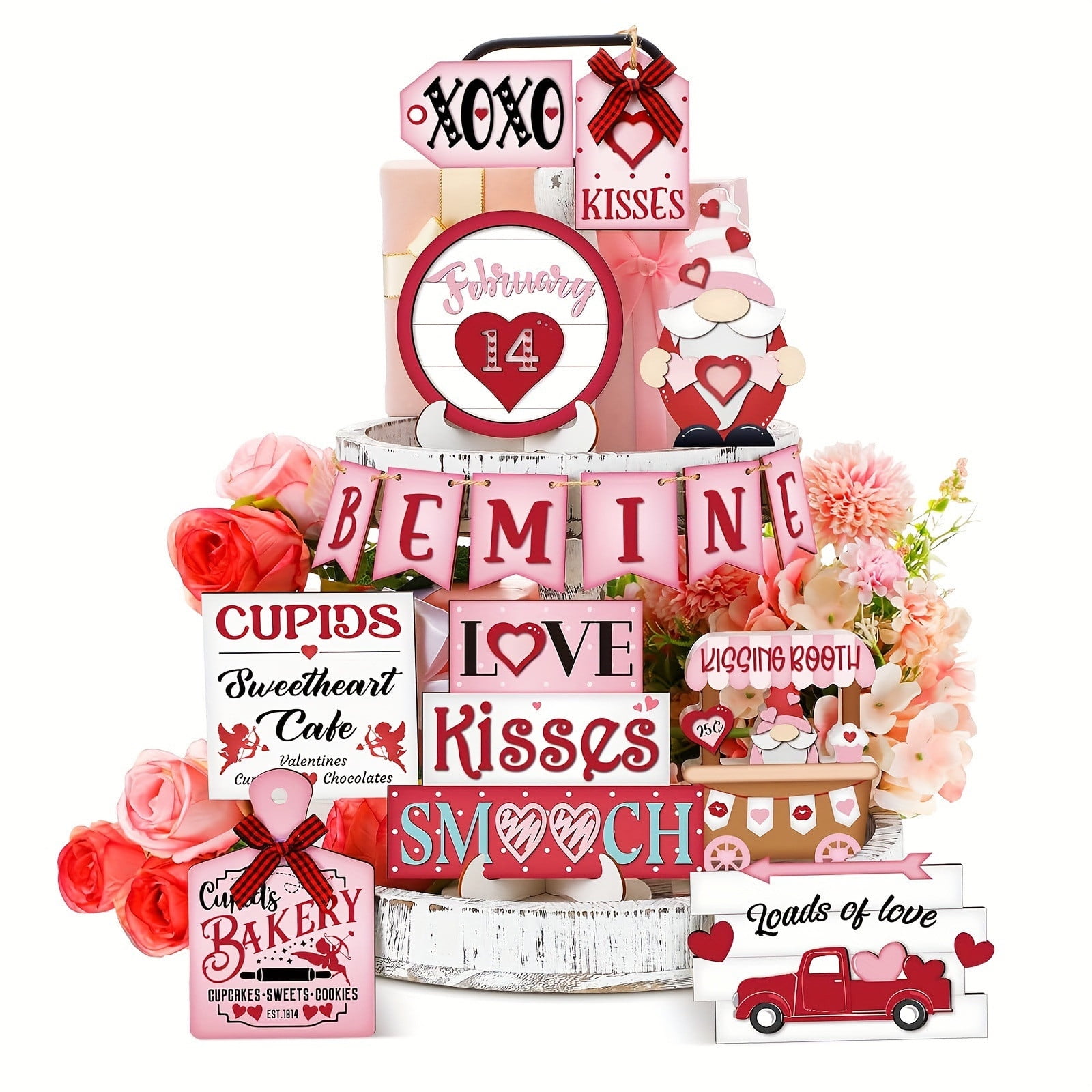 Valentine'S Day Tiered Tray Decor Valentines Day Decor Red Heart Gnome Wood Sign Love Hugs Kisses Table Centerpiece Farmhouse Rustic Tabletop Decor for Valentine'S Day Gift