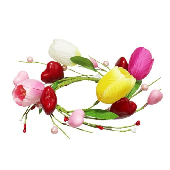 Valentine'S Day Tulips, Red Hearts, Pink Berry Rings, 1 Pcs Artificial Candle Rings Wreaths Yellow and Rose Red Floral Candle Ring 3 Inch Center Valentine'S Day Spring Decoration Candlerings