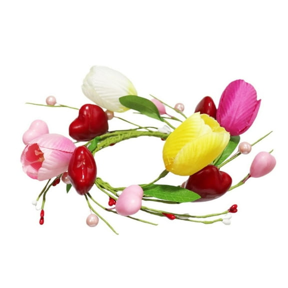 Valentine'S Day Tulips, Red Hearts, Pink Berry Rings, 1 Pcs Artificial Candle Rings Wreaths Yellow and Rose Red Floral Candle Ring 3 Inch Center Valentine'S Day Spring Decoration Candlerings