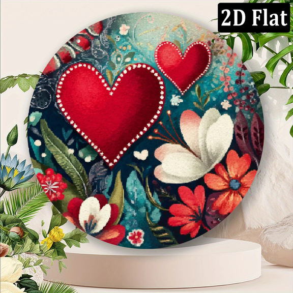 Valentine'S Theme Aluminum Sign Art, Large Red Heart Design, Round Metal Wall Sign, 8-Inch Wall Decor for Home Bedroom Office, Seasonal Gift for Farmhouse, Porch, Garden, Cafe, Shop, Garage.