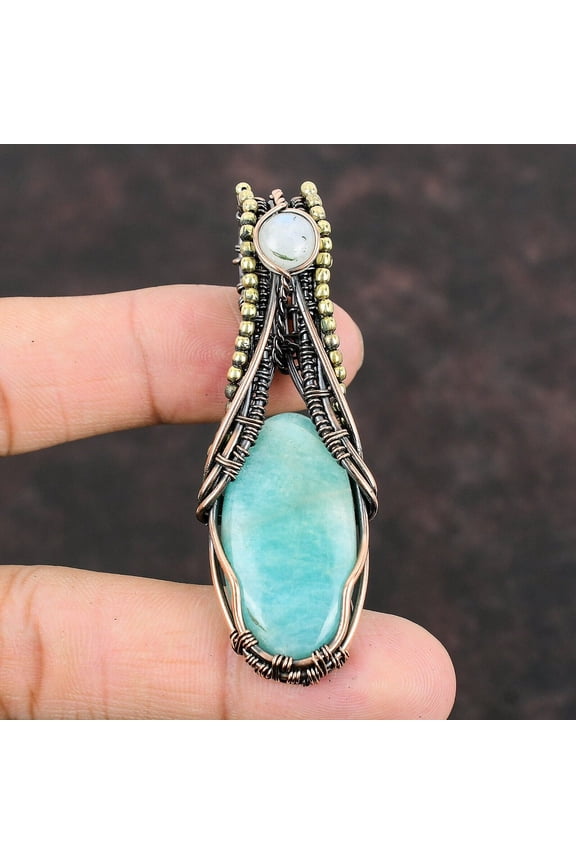 Valentine Sale Amazonite Copper Gift For Friend Wire Wrapped Pendant 2.72"