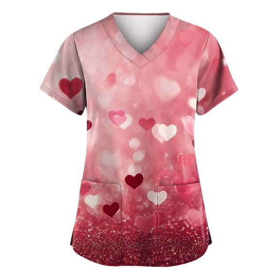 Valentine Scrub Top for Women Hoilday Short Sleeve Cute Valentine Love Printed Scrub Shirts Casual V Neck Scrubs Medical Nurse Uniform Nursing Workwear with Pockets Pink 4XL