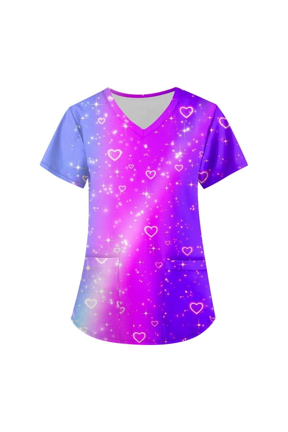 Valentine Scrub Top for Women Loose Short Sleeve Cute Love Heart Printed Scrub Shirts Hoilday V Neck Scrubs Medical Nurse Uniform Nursing Workwear with Pockets Dark Purple 3XL