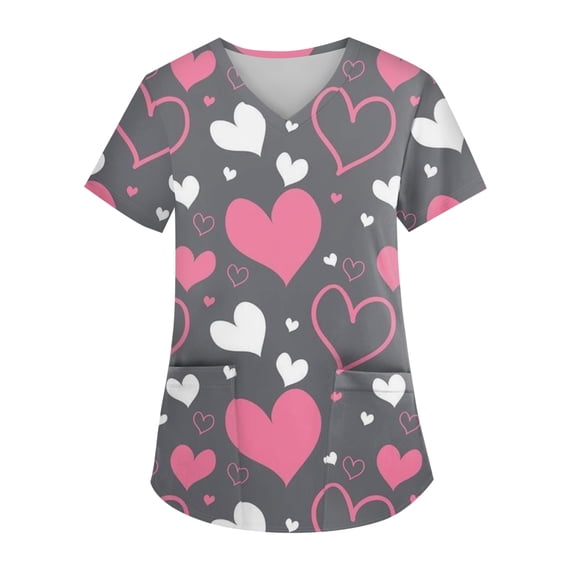Valentine Scrub Top for Women Loose Short Sleeve Cute Love Hearts Graphic Scrub Shirts Casual V Neck Scrubs Medical Nurse Uniform Nursing Workwear with Pockets Watermelon Red 2XL