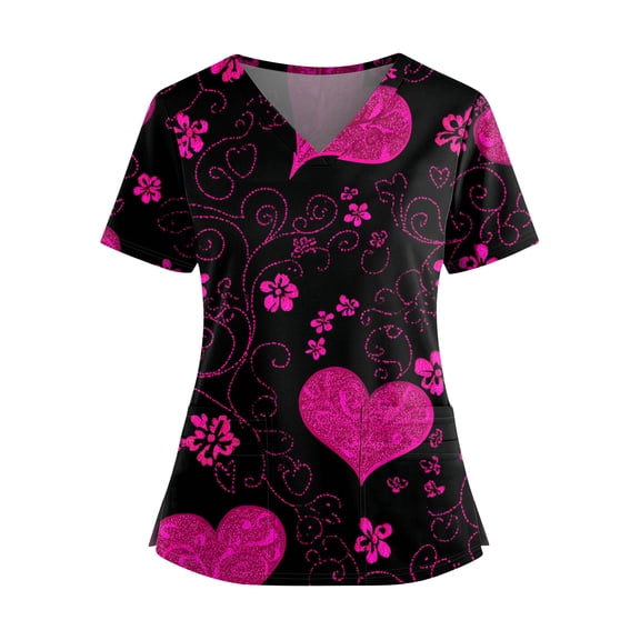 Valentine Scrub Top for Women Plus Size Hoilday V Neck Cute Valentine Love Printed Scrubs Loose Short Sleeve Scrub Shirts Nursing Uniform Medical Nurse Workwear with Pockets Hot Pink XL