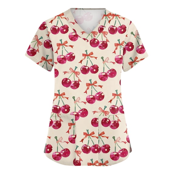 Valentine Scrub Top for Women Plus Size Hoilday V Neck Cute Valentine Love Printed Scrubs Loose Short Sleeve Scrub Shirts Nursing Workwear Medical Nurse Uniform with Pockets Beige S