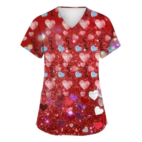 Valentine Scrub Top for Women Plus Size Loose V Neck Cute Love Hearts Graphic Scrub Shirts Casual Short Sleeve Scrubs Medical Nurse Workwear Nursing Uniform with Pockets Red 4XL