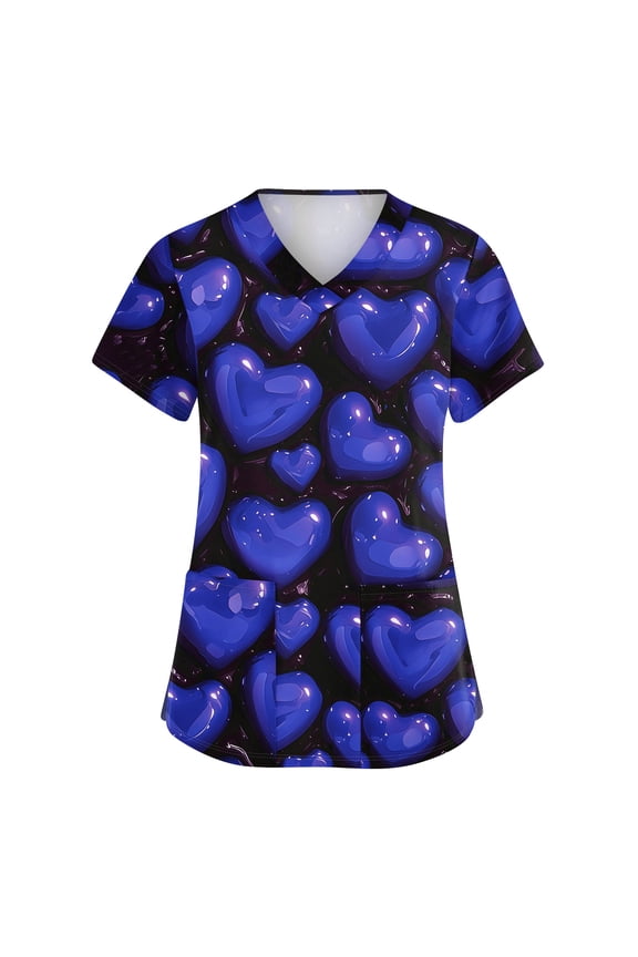 Valentine Scrub Top for Women Plus Size Loose V Neck Cute Valentine Love Printed Scrubs Hoilday Short Sleeve Scrub Shirts Medical Nurse Workwear Nursing Uniform with Pockets Blue 2XL