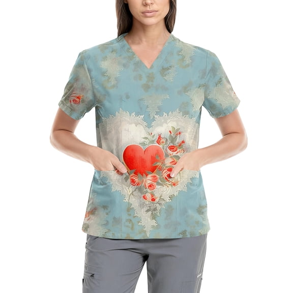 Valentine Scrub Tops Women Cute V Neck Short Sleeve Tshirts Love Heart Print Graphic Tees Valentines Shirts 2025 Sky Blue S