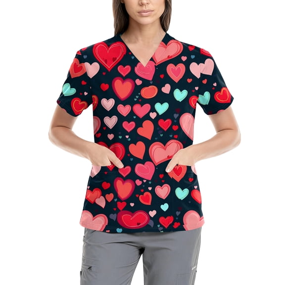 Valentine Scrub Tops Women Fashion V Neck Short Sleeve Shirts Heart Graphic Tees Nursing Uniform with Pockets 2025 Deep Red 5XL