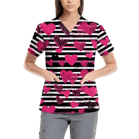 Valentine Scrub Tops Women Fashion V Neck Short Sleeve Shirts Heart Graphic Tees Nursing Uniform with Pockets 2025 Hot Pink S