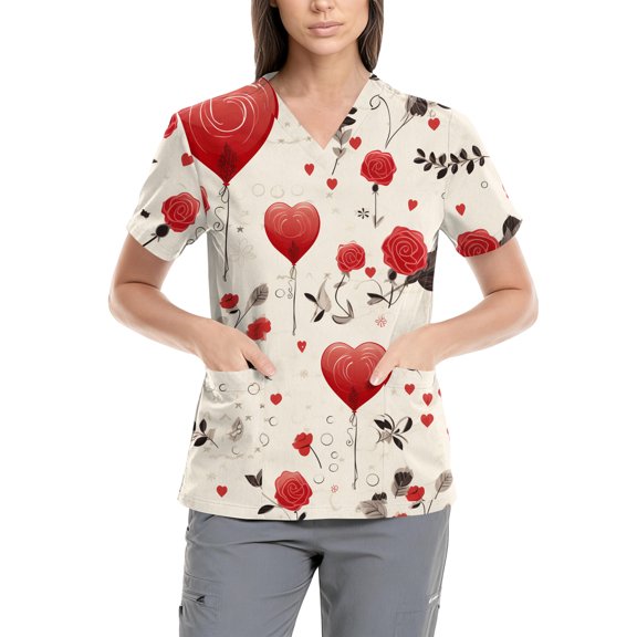 Valentine Scrub Tops Women Fashion V Neck Short Sleeve Shirts Heart Graphic Tees Nursing Uniform with Pockets 2025 White 4XL