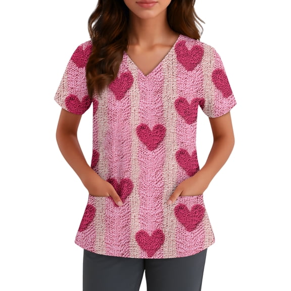 Valentine Scrub Tops Women Short Sleeve Vneck Love Heart Printed Nurse Working Uniforms Holiday Pocketed Tshirt Hot Pink S