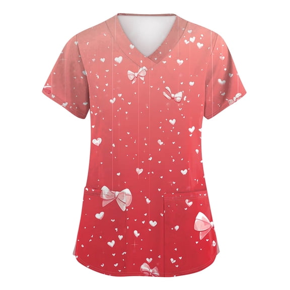 Valentine Scrub Tops Women V Neck Short Sleeve Shirts Cute Love Heart Graphic Tees Casual Blouse with Pockets Pink L