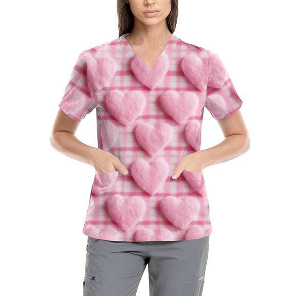 Valentine Scrub Tops Women V Neck Short Sleeve Tshirts Love Heart Print Graphic Tees Valentines Tunic Shirts Pink XL