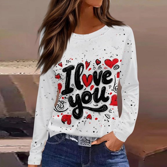 Valentine Shirt for Women Love Heart Long Sleeve Casual Tee Tops