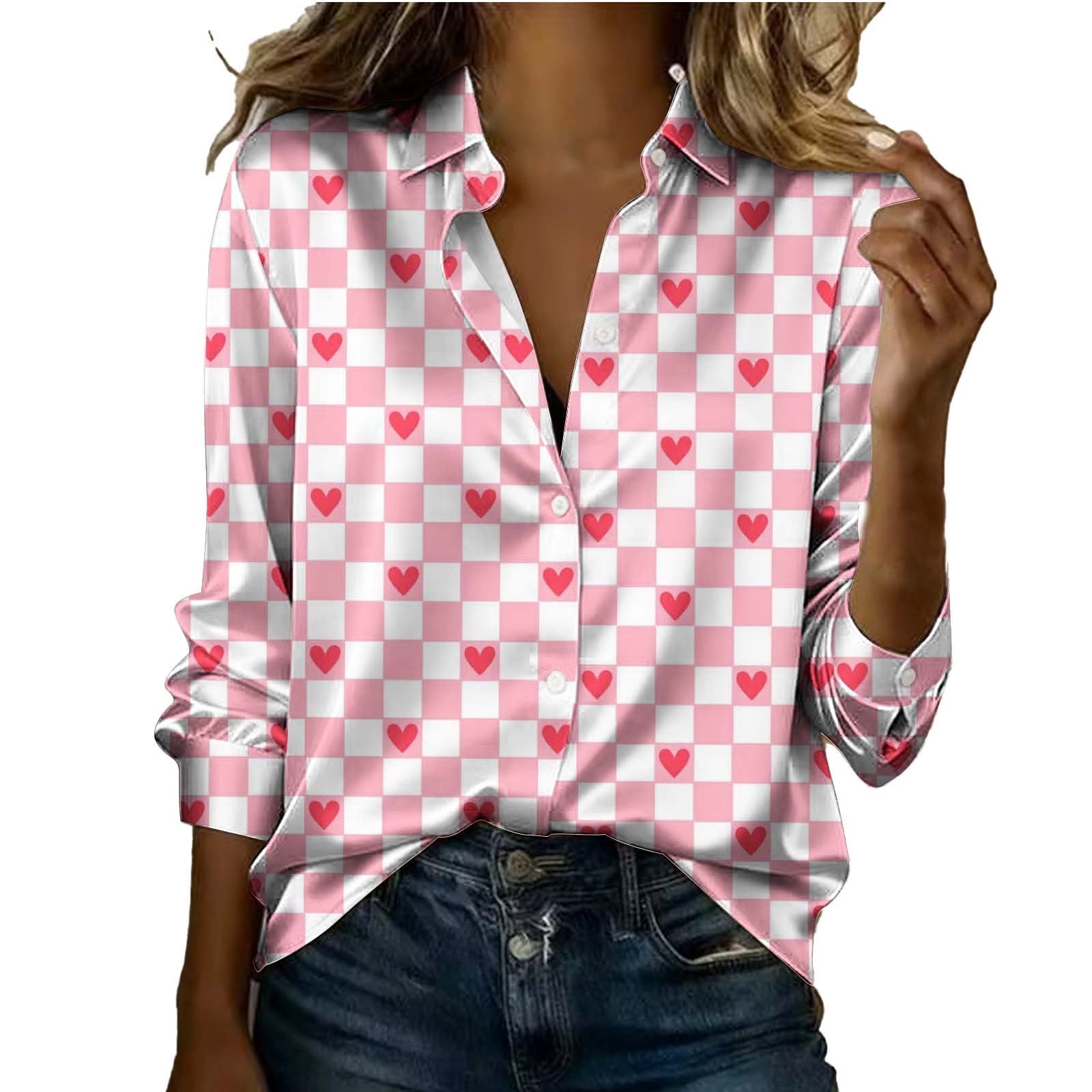 Valentine Shirts For Women Lapel Long Sleeve Button Down Festival Print ...