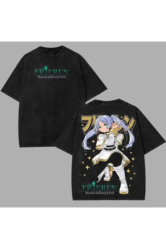 Valentine Shirts Frieren Beyond Journey's End Line Art Manga Anime Double Printed Acid Washed Top Men's Menswear Graphic Tee Unisex Merch Gift