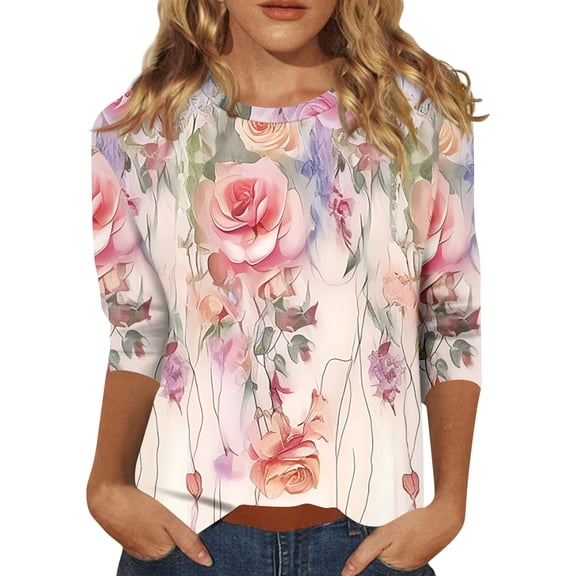 Valentine Shirts for Women Casual 3/4 Sleeve T-Shirts Cute Love Heart Printed Tunic Tops Holiday Round Neck Blouses Loose Three Quarter Length Pullover Light pink XL