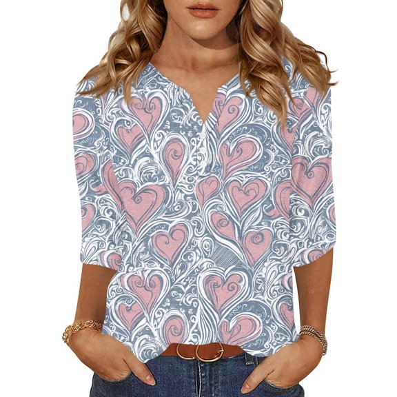 Valentine Shirts for Women Casual 3/4 Sleeve T-Shirts Cute Love Hearts Graphic Tunic Tops Holiday Button V Neck Blouses Loose Three Quarter Length Pullover Light pink XL