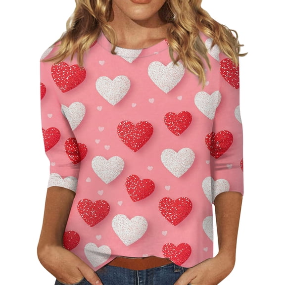 Valentine Shirts for Women Casual 3/4 Sleeve T-Shirts Funny Love Heart Printed Tunic Tops Holiday Crew Neck Blouses Loose Three Quarter Length Pullover Red XL