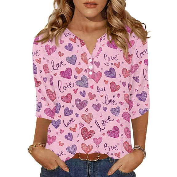 Valentine Shirts for Women Casual 3/4 Sleeve T-Shirts Funny Love Hearts Graphic Tunic Tops Loose Button V Neck Blouses Holiday Three Quarter Length Pullover Purple S